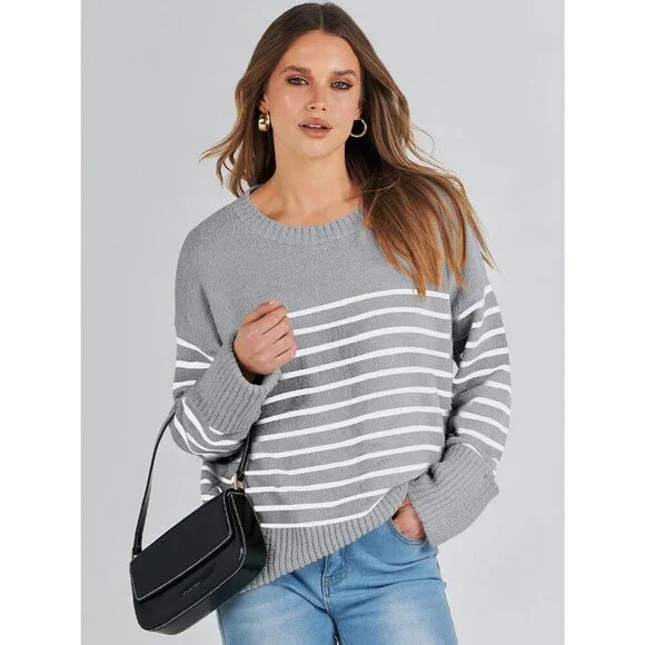 Women's Grey White Stripe Oversized Long Sleeve Casual Fuzzy Knit Sweaters - Picture 7 of 9
